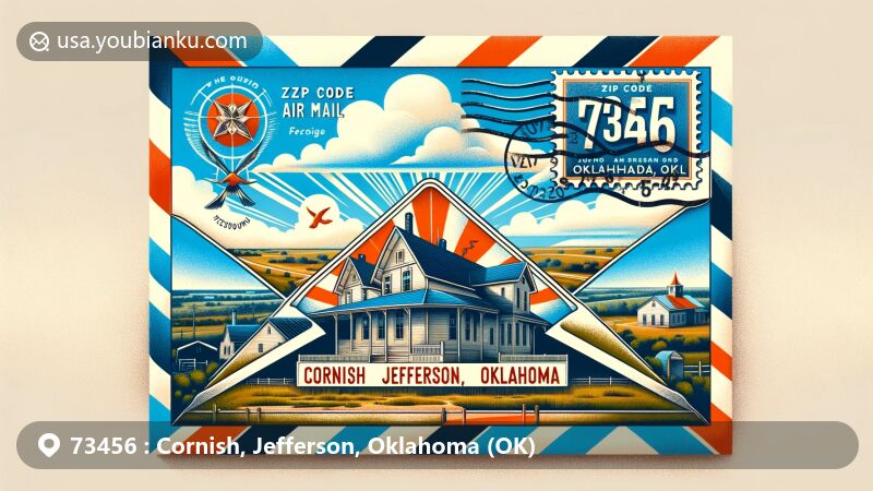 Vintage air mail envelope illustration for Cornish, Jefferson, Oklahoma (OK) with postal theme, showcasing Cornish Orphans Home and Oklahoma state symbols.