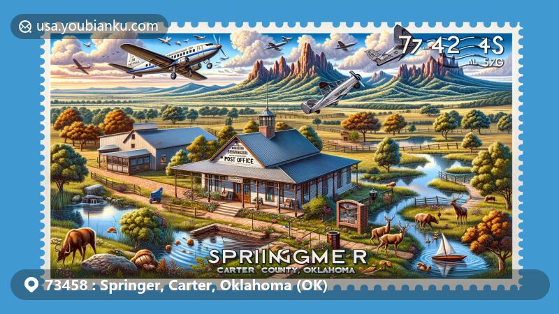 Modern illustration showcasing Springer, Oklahoma, with Arbuckle Mountains in backdrop, vintage post office symbolizing postal service since 1890, surrounded by oak trees, pecan groves, deer, turkeys, and ponds. Modern airplane drops airmail towards antique mailbox, reflecting old-new communication. ZIP code '73458' stamp denotes Springer, Carter County, Oklahoma.