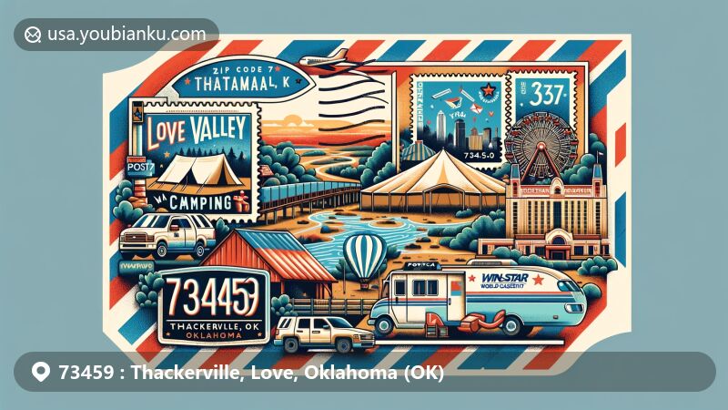 Modern illustration of Thackerville, Love County, Oklahoma, featuring ZIP code 73459, integrating postal theme with Love Valley WMA Camping Site, Red River Ranch RV Resort, and WinStar World Casino and Resort.