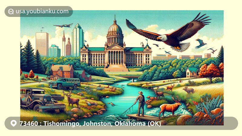 Modern illustration of Tishomingo, Oklahoma, highlighting the ZIP code 73460, showcasing the Chickasaw National Capitol Building in Victorian gothic style with red granite. Includes Chickasaw National Recreation Area, deer, bald eagle, Blue River, and artistic and postal elements.