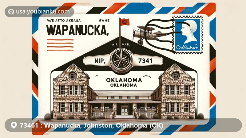 Modern illustration of Wapanucka, Oklahoma, featuring Wapanucka Institute and postal theme with ZIP code 73461, showcasing historical and postal integration.