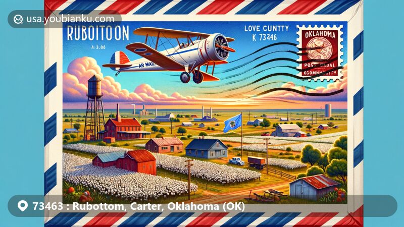 Creative illustration of Rubottom community in Carter County, Oklahoma, featuring postal theme with ZIP code 73463, incorporating natural beauty and Love County geography.
