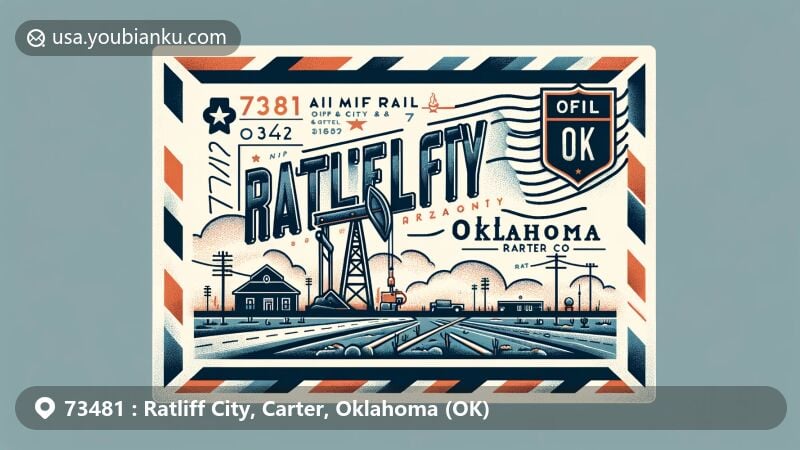 Modern illustration of Ratliff City, Carter County, Oklahoma, showcasing air mail envelope with ZIP code 73481, featuring oil derrick, State Highways 7 and 76 intersection, and Oklahoma state outline with star marker for Ratliff City.