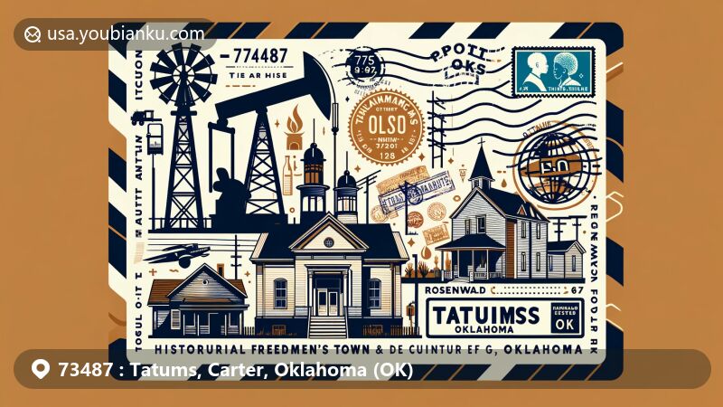 Illustration of Tatums, Oklahoma, showcasing historical and cultural significance as a Freedmen's town with oil discoveries in the early 20th century, featuring symbols of the African American community, vintage oil pumps, and the outline of the Rosenwald school.