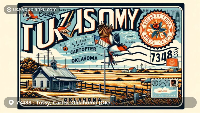 Modern illustration of Tussy, Oklahoma, featuring ZIP code 73488, rural essence, and symbols of Oklahoma like the state flag, scissor-tailed flycatcher, and redbud tree.