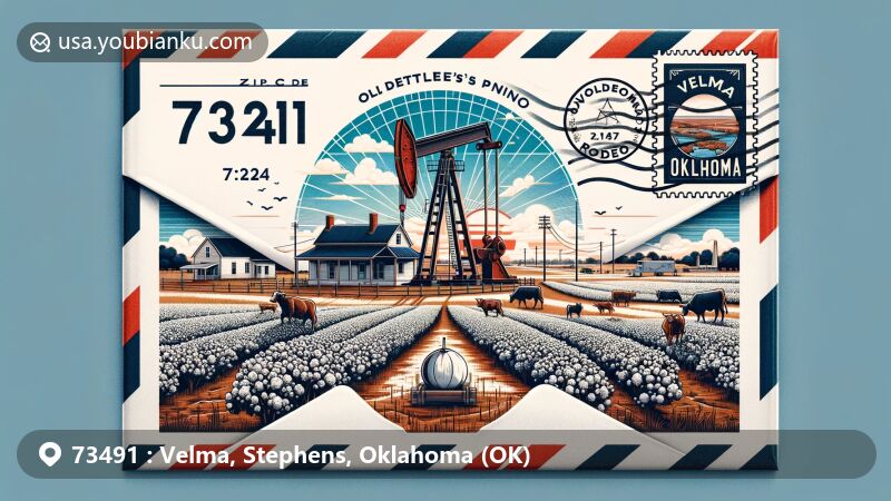 Modern illustration of Velma, Oklahoma, embracing its agricultural heritage with cotton fields, livestock, and oil derrick, featuring Old Settler's Picnic and Rodeo, blending town culture with history.