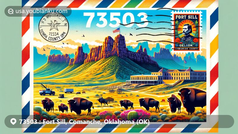Modern illustration of ZIP code 73503 area in Fort Sill, Comanche County, Oklahoma, featuring iconic Fort Sill against backdrop of Wichita Mountains and elements representing local ecology.