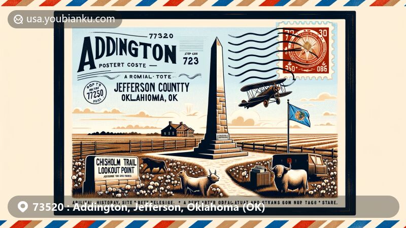 Modern illustration of Addington, Jefferson County, Oklahoma, featuring Chisholm Trail Lookout Point within an air mail envelope frame, with obelisk, red granite markers, cotton, and cattle symbols. Includes Oklahoma state flag, ZIP code 73520, and town name.
