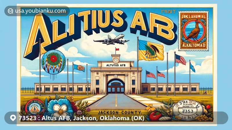 Modern illustration of Altus AFB, Oklahoma, merging postal elements and state symbols, featuring the main gate, vintage stamp, and Oklahoma flag with Osage Nation buffalo-skin shield and peace pipe.