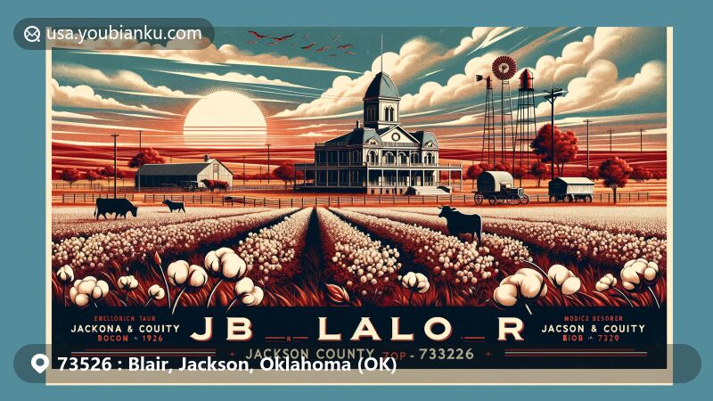 Modern illustration of Blair, Jackson County, Oklahoma, showcasing agricultural prosperity with cotton fields, governance with the Jackson County Courthouse, cowboy history with references to the Great Western Trail and cattle ranching, and natural beauty with the Red Bed Plains and Gypsum Hills.