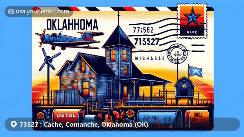 Illustration of Cache, Oklahoma (ZIP Code 73527), with Quanah Parker's Star House, elements from the Holy City of the Wichitas, Oklahoma state flag, and postal elements like ZIP Code '73527' and American mailbox.