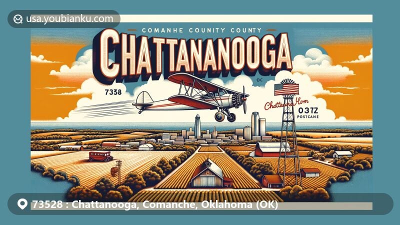 Modern illustration of Chattanooga, Oklahoma, in Comanche County, highlighting postal theme with ZIP code 73528, featuring Oklahoma state flag, Comanche County outline, and agricultural fields.