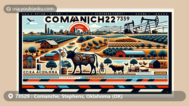 Modern illustration of Comanche city, Stephens County, Oklahoma, representing ZIP code 73529, featuring rolling prairie landscapes, oil fields, ranches, farms, pecan orchards, and timbered areas, reflecting rich history and western flavor.