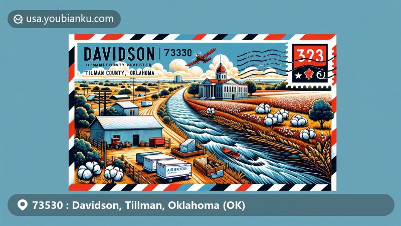 Modern illustration of Davidson, Tillman County, Oklahoma, inspired by postal theme for ZIP code 73530. Features Red River, Tillman County Courthouse, and agricultural symbols like cotton, corn, and wheat.