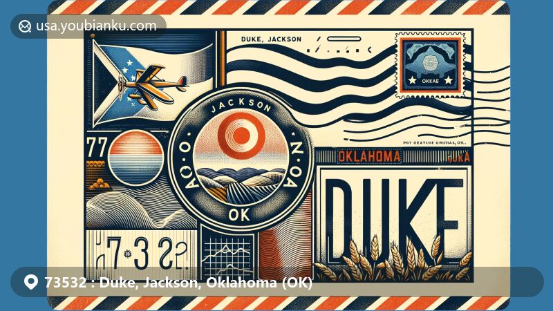 Modern illustration of Duke, Jackson, Oklahoma, featuring decorative postcard with ZIP code 73532 and Oklahoma state flag, blending regional and postal themes.