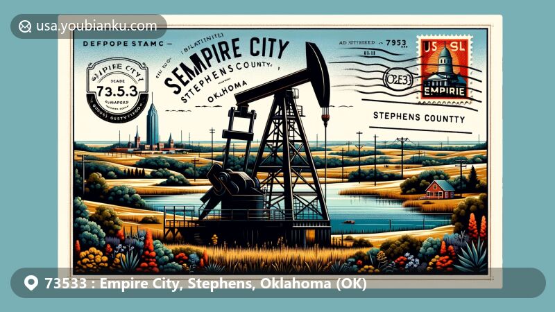 Historical illustration of Empire City, Stephens County, Oklahoma, with postal theme, showcasing oil derrick and natural beauty.