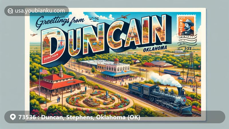 Colorful postcard from Duncan, Stephens County, Oklahoma, featuring aerial view design with Chisholm Trail Heritage Center, Rock Island 905 Railroad Museum, and Stephens County Historical Museum, surrounded by Oklahoma landscape and greenery.