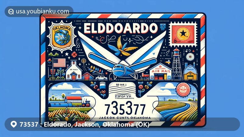 Creative illustration of Eldorado, Jackson County, Oklahoma, with air mail envelope theme, showcasing ZIP code 73537 and symbolic elements representing small town life and agriculture.