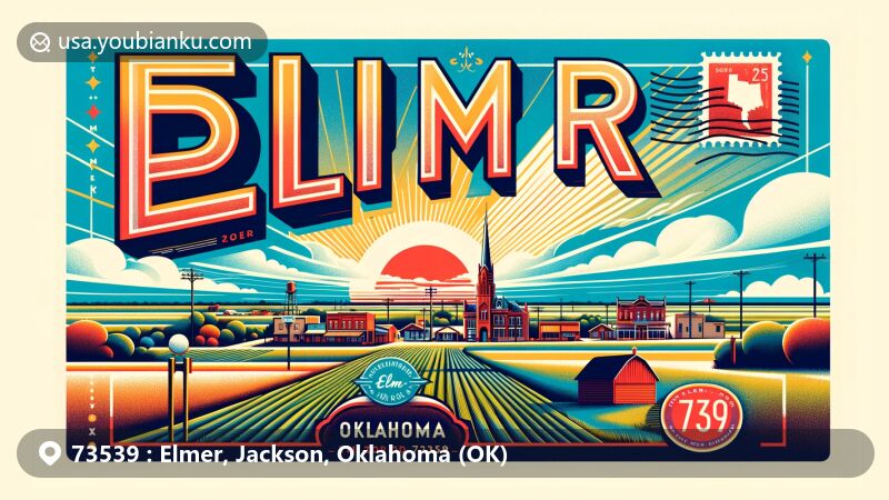 Modern illustration of Elmer, Oklahoma, featuring small-town charm, agricultural legacy, open fields, small-town skyline, and sunny sky, with vintage postcard elements and ZIP code 73539.