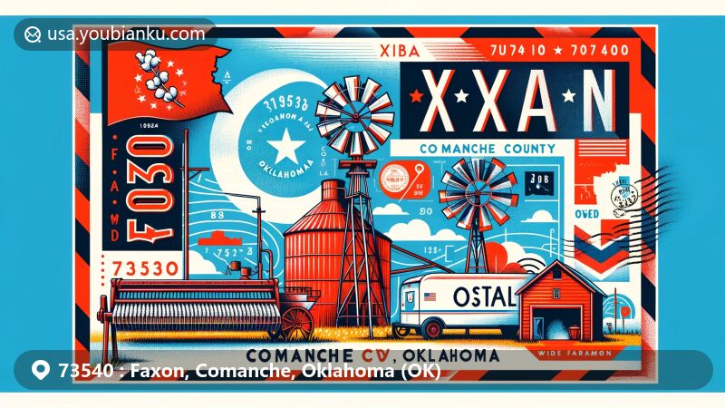 Modern illustration of Faxon, Comanche County, Oklahoma, featuring vintage postal theme with ZIP code 73540, showcasing agricultural heritage and iconic cotton oil mill. Includes Oklahoma state flag, Comanche County outline, and charming elements representing Faxon town.