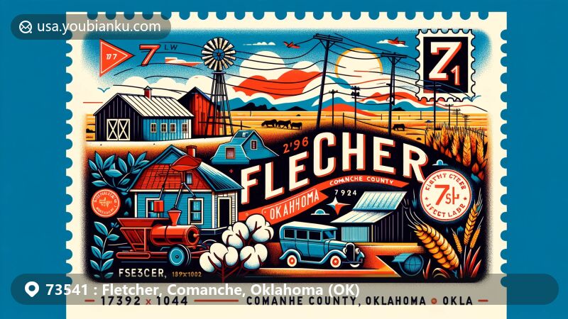 Modern illustration of Fletcher, Comanche County, Oklahoma (OK), showcasing postal theme with ZIP code 73541, featuring elements like postcards, stamps, and postmarks, highlighting geographical and cultural highlights of Fletcher.