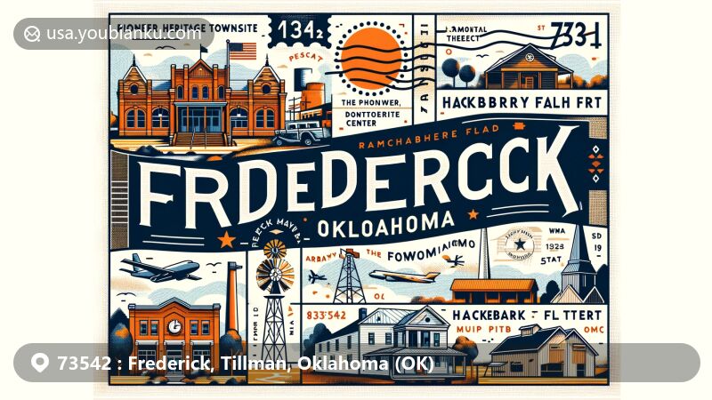 Modern illustration of Frederick, Oklahoma, highlighting Pioneer Heritage Townsite Center, Ramona Theatre, The Crawford Collection, Hackberry Flat WMA, and Frederick Army Air Field, with classic postal elements and ZIP code 73542.