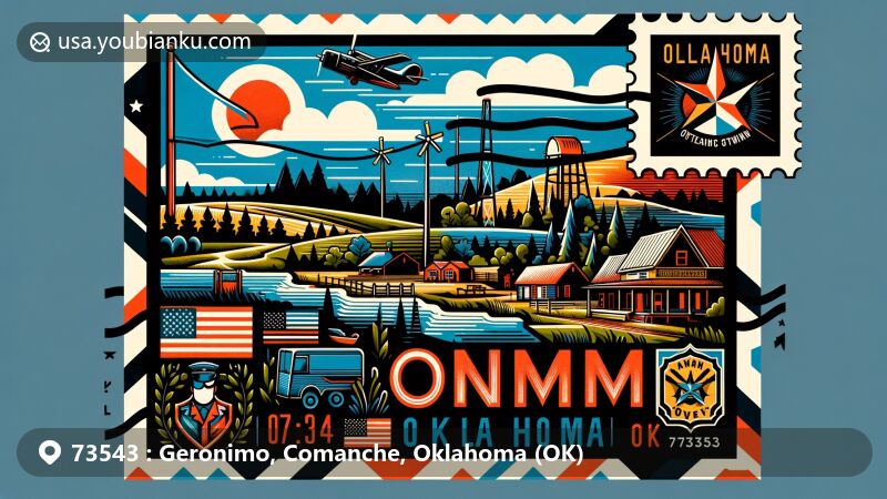 Modern illustration of Geronimo, Oklahoma, depicting community life and natural beauty, set within a postcard with the Oklahoma state flag and postal mark 'Geronimo, OK 73543'.