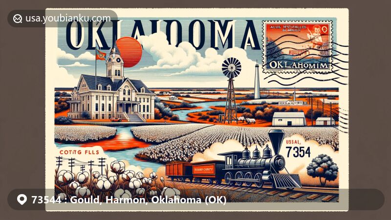 Modern illustration of Gould town, Harmon County, Oklahoma, highlighting postal theme with ZIP code 73544, featuring Gypsum Hills physiographic region, Red River, cotton fields, old railway, and Oklahoma state symbols.