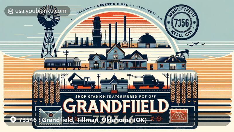 Modern illustration of Grandfield, Oklahoma, blending historical landmarks, oil field impact, agricultural elements, and postal themes with vintage air mail envelope and ZIP code 73546 stamp.