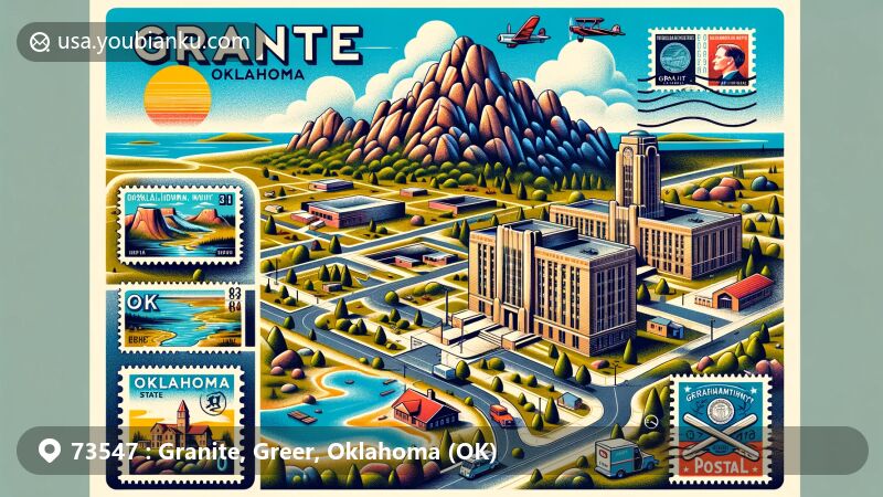 Modern illustration of Granite, Oklahoma, in Greer County, featuring postal theme with vintage air mail elements and Oklahoma State Reformatory symbolism.