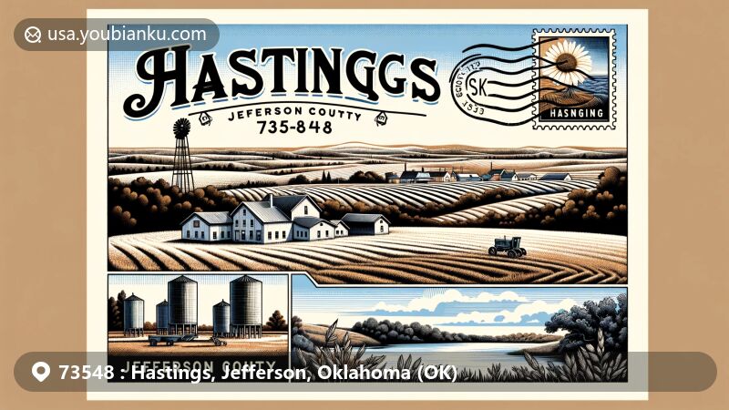 Modern illustration of Hastings town, Jefferson County, Oklahoma, featuring iconic agricultural scene, picturesque prairies, and Waurika Lake, with integrated postal theme including ZIP code 73548.