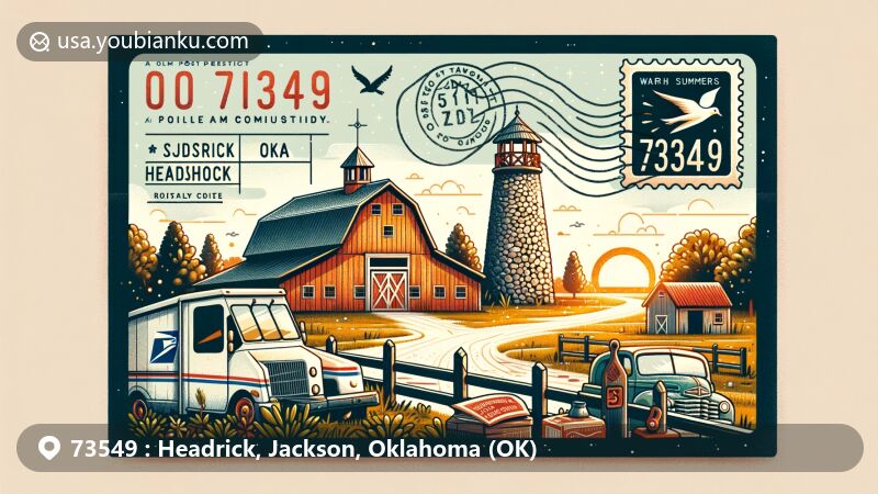 Modern illustration of Headrick, Oklahoma, showcasing serene rural scenery with a cobblestone barn, reflecting the town's pleasant climate and friendly community. Includes postal elements and the ZIP Code 73549.