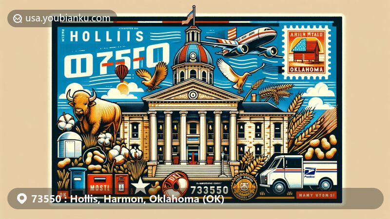 Modern illustration of Hollis, Oklahoma, featuring the iconic Harmon County Courthouse and elements symbolizing the agricultural legacy of cotton, wheat, peanuts, and dairy cattle. The design is based on a vintage air mail envelope with a postage stamp of the courthouse, a postmark 'Hollis, OK 73550,' and postal icons like a mailbox and a mail delivery truck.