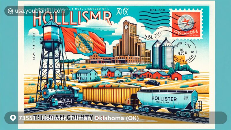 Creative illustration of Hollister, Oklahoma, showcasing historical and geographical features, including the Wichita Falls and Northwestern Railway, Hollister High School ruins, grain elevators, and Oklahoma state flag.