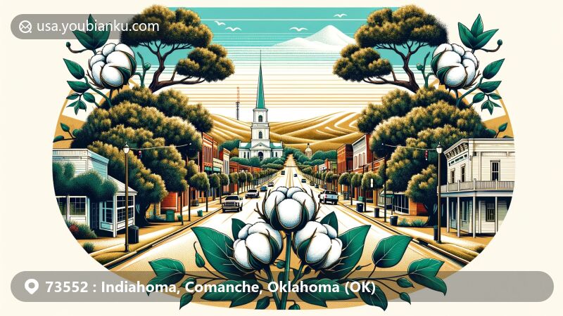Modern illustration of Indiahoma, Oklahoma, depicting the tranquil and historical ambiance of the town, featuring beautiful old oak trees lining the streets and symbol elements of cotton plants to reflect its past economic reliance, with Wichita Mountains in the background, symbolizing its importance and proximity, incorporating elements of ZIP code 73552.