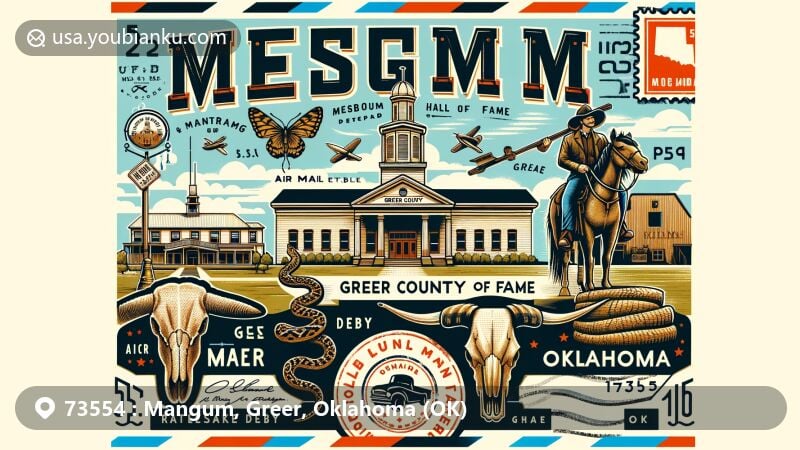 Modern illustration of Mangum, Greer County, Oklahoma, showcasing ZIP code 73554 with Old Greer County Museum & Hall of Fame, western heritage symbols, and Rattlesnake Derby.
