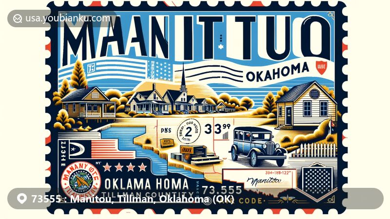 Artistic rendition of Manitou, Tillman County, Oklahoma, representing ZIP Code 73555 in a vintage postcard design with a map of the area and postal symbols.