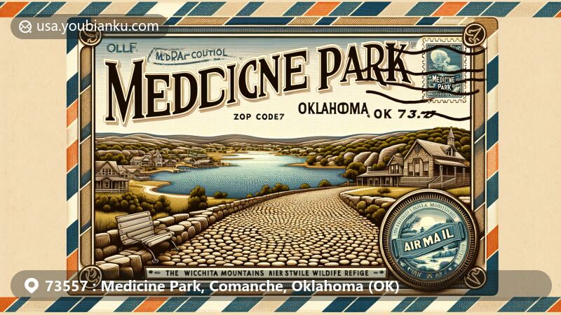 Modern illustration of Medicine Park, Oklahoma, highlighting unique cobblestone construction, Bath Lake, and Wichita Mountains backdrop, framed in air mail envelope with postal elements.