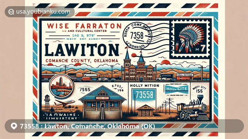 Modern illustration of Lawton area in ZIP code 73558, Comanche County, Oklahoma, showcasing key landmarks like Comanche National Museum and Cultural Center, Wichita Mountains, Fort Sill, and Holy City of the Wichitas.