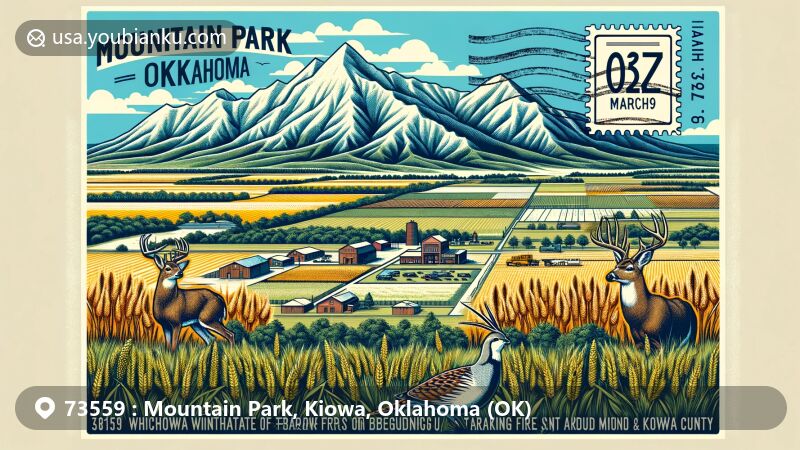 Modern illustration of Mountain Park, Oklahoma, in Kiowa County, showcasing postal theme with ZIP code 73559, featuring the Wichita Mountains, historic trading post background, local wildlife like bobwhite quail and white-tailed deer, agricultural fields, and vibrant Oklahoma landscape.