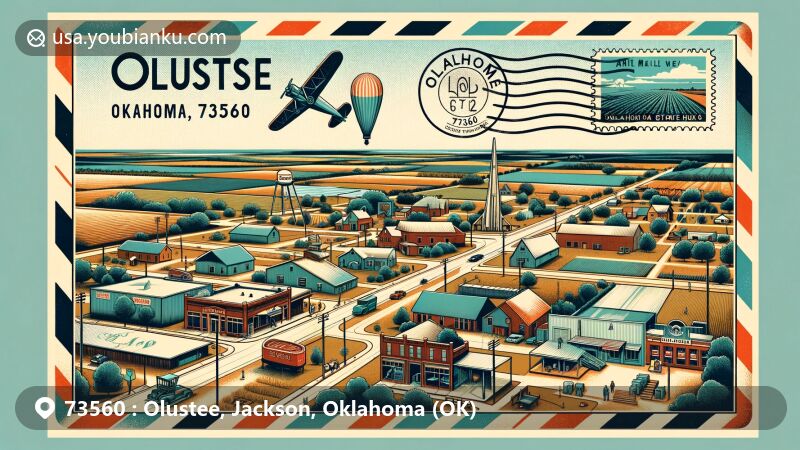 Modern illustration of Olustee, Jackson County, Oklahoma, featuring geographical location and historical elements, showcasing town's proximity to Altus, relation to Oklahoma State Highway 6, and landmarks like Fullerton Dam and irrigated farms.