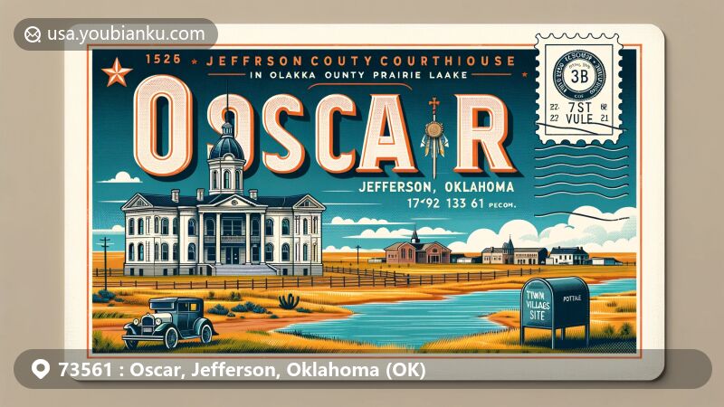 Modern illustration of Oscar, Jefferson County, Oklahoma, showcasing postal theme with ZIP code 73561, featuring Jefferson County Courthouse, Waurika Lake, and Twin Villages site against Oklahoma's prairie landscape.
