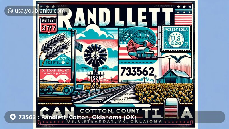 Modern illustration of Randlett, Cotton County, Oklahoma, highlighting postal theme with ZIP code 73562, showcasing town's agricultural and oil industry history, featuring key intersections and postal elements like Oklahoma state flag and antique mailbox.