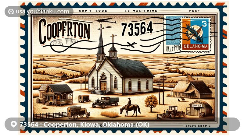 Vintage-style illustration of Cooperton, Kiowa County, Oklahoma, encapsulating the essence of community with Cooperton Baptist Church, Slick Hills, and American farm landscape, adorned with Oklahoma state symbols within an air mail envelope design.