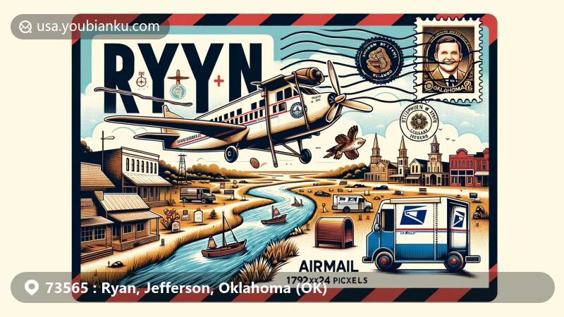 Modern illustration of Ryan, Oklahoma, featuring airmail envelope design with postal theme and cultural symbolism, highlighting Red River, Stephen W. Ryan, and Chickasaw heritage.