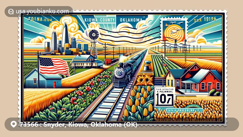 Creative illustration of Snyder, Oklahoma, representing ZIP code 73566 with postcard and postal elements, featuring cotton, corn, wheat, hay, 1905 tornado, and railway system.