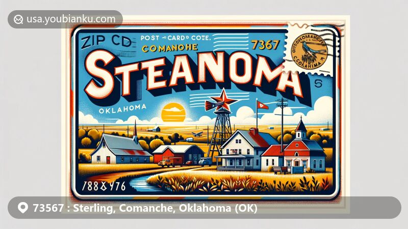 Modern illustration of Sterling, Comanche County, Oklahoma, capturing the rural charm and community spirit with a mix of postal motifs and Oklahoma symbols, highlighting ZIP code 73567.
