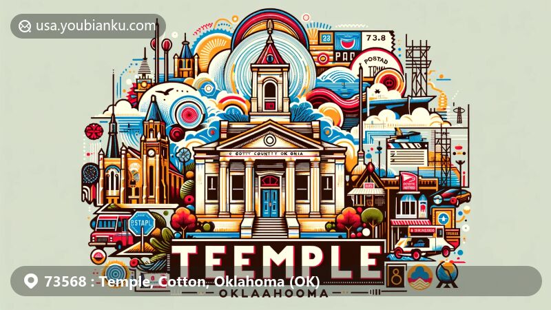 Modern illustration of Temple, Oklahoma, highlighting postal theme with ZIP code 73568, featuring stamps, a postmark, and elements reflecting the town's geographical and historical significance.