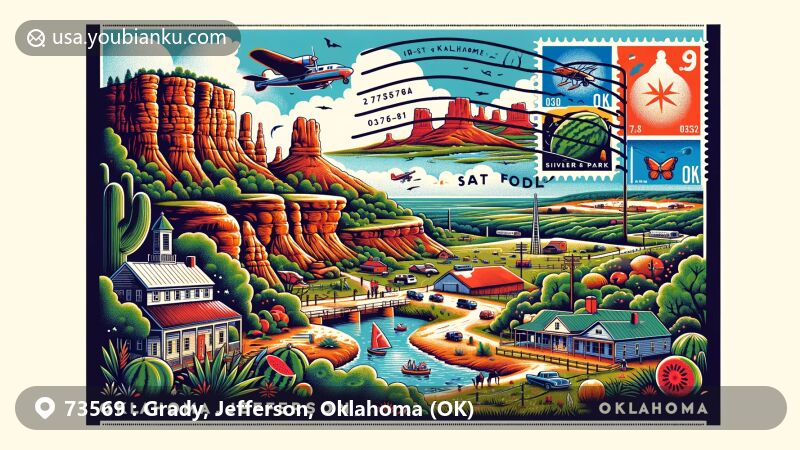 Modern illustration of Grady and Terral, Oklahoma, blending rural charm with state landmarks, featuring elements from Watermelon Jubilee and community spirit, set against backdrop of natural beauty and key attractions like Robbers Cave State Park, Scissortail Park, and Beavers Bend State Park.