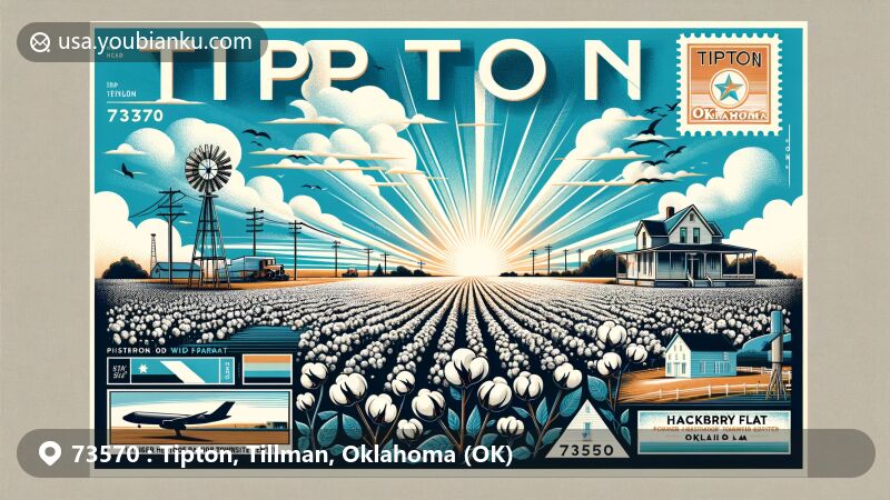 Modern illustration of Tipton, Oklahoma, highlighting cotton field landscapes, Tipton Home silhouette, Hackberry Flat WMA, and Pioneer Heritage Townsite Center, with postcard layout and postal elements like stamp and postmark.